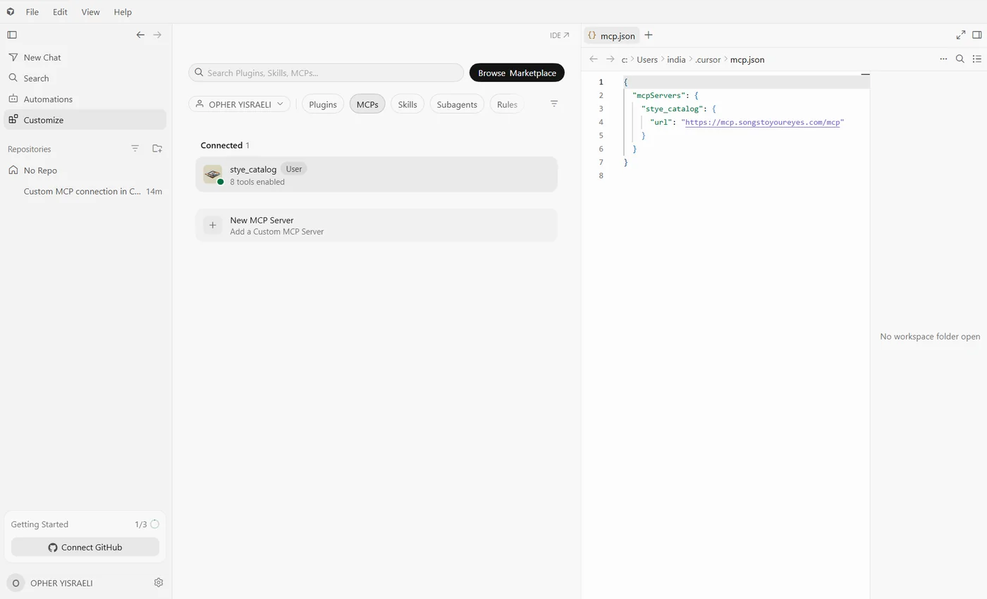 Cursor: stye_catalog listed under Connected with 8 tools enabled, and the completed mcp.json beside it